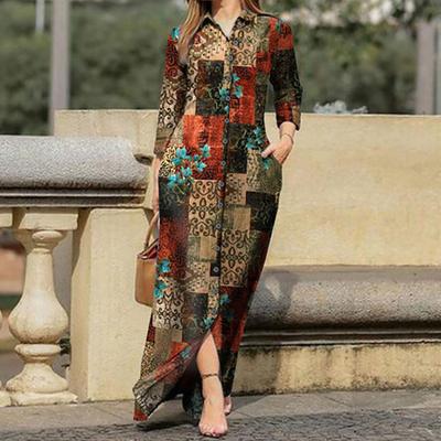Maxi Dress Turn-Down Collar Long Sleeve Pockets Vintage Floral Print Single Breasted