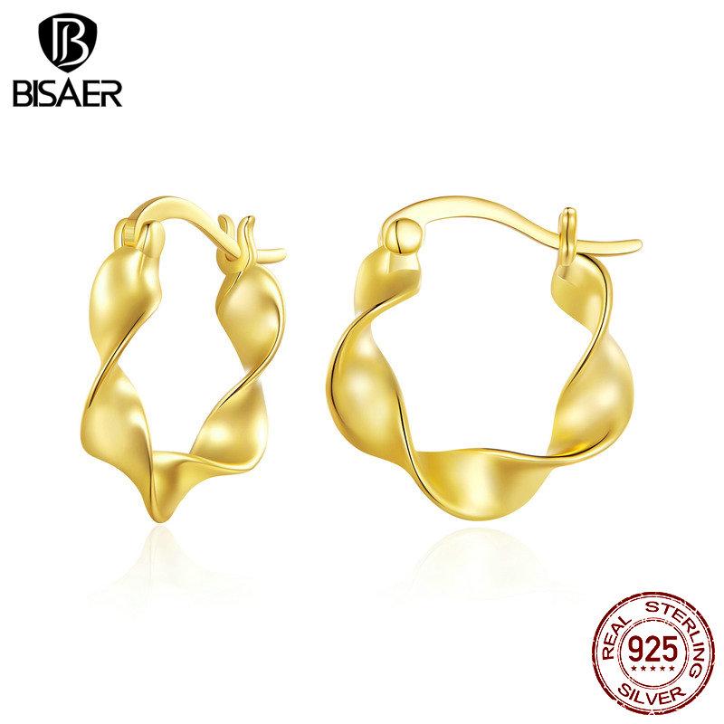 Bisaer 925 Sterling Silver High Gloss Twisted Stud Earrings For Women Lovely Girl Birthday Gift Holiday Party Jewelry