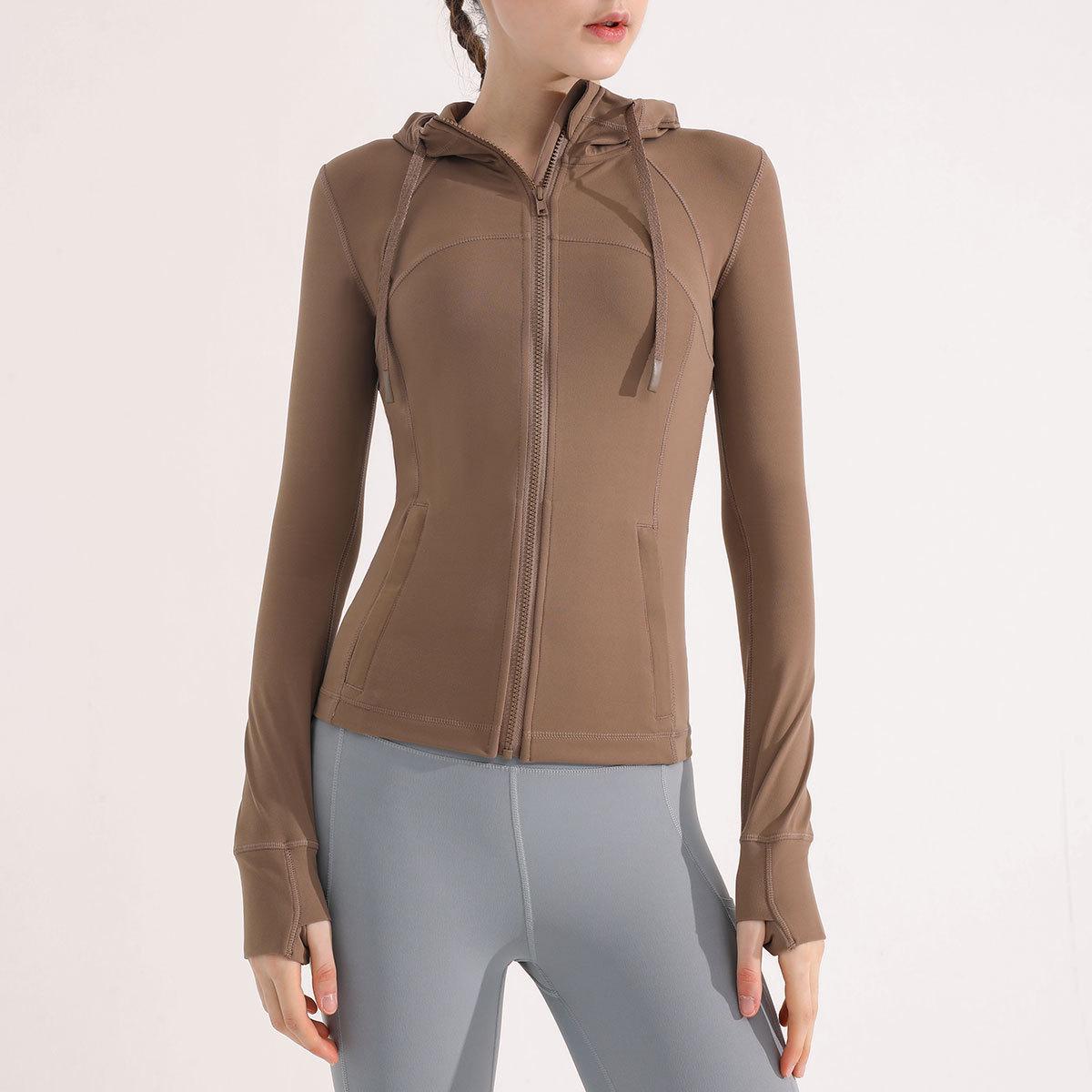 

Женская европейская и американская куртка для йоги с капюшоном - Облегающая посадка, длинный рукав для спорта, бега, повседневной носки осенью и зимой S верблюд