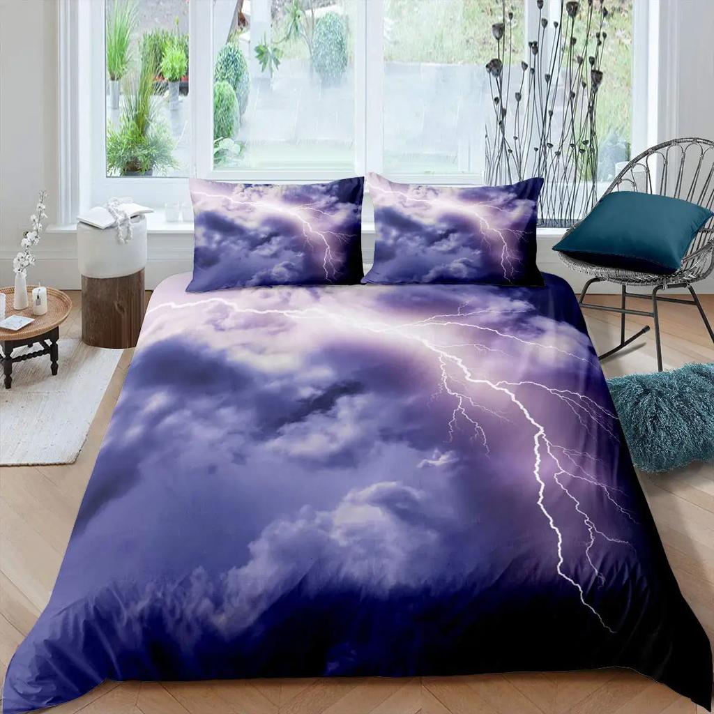 Lightning Duvet Cover Set Sea Wave Natural Disasters Sea Landscape Bedding Set Dark Clouds King Size Polyester Comforter Cover