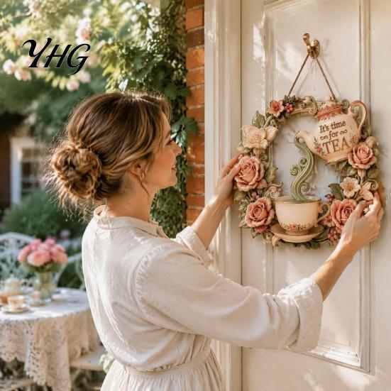 Rust Resistant Garden Decorations It's Time for Tea Door Sign, Metal Floral Wreath Hanger with Teapot Teacup Design, Decor Rustic Wall Kitchen Dining