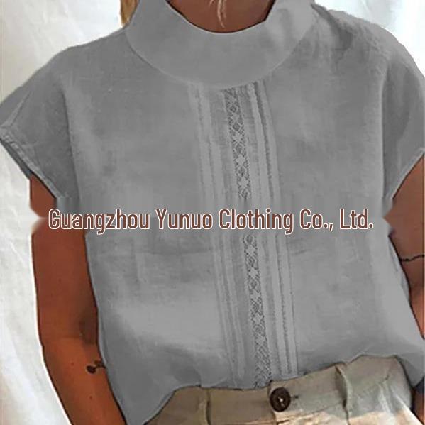 Nova Camisa de Manga Curta com Renda Vazada de Linho de Algodão Estilo Europeu e Americano, Coleção 2022