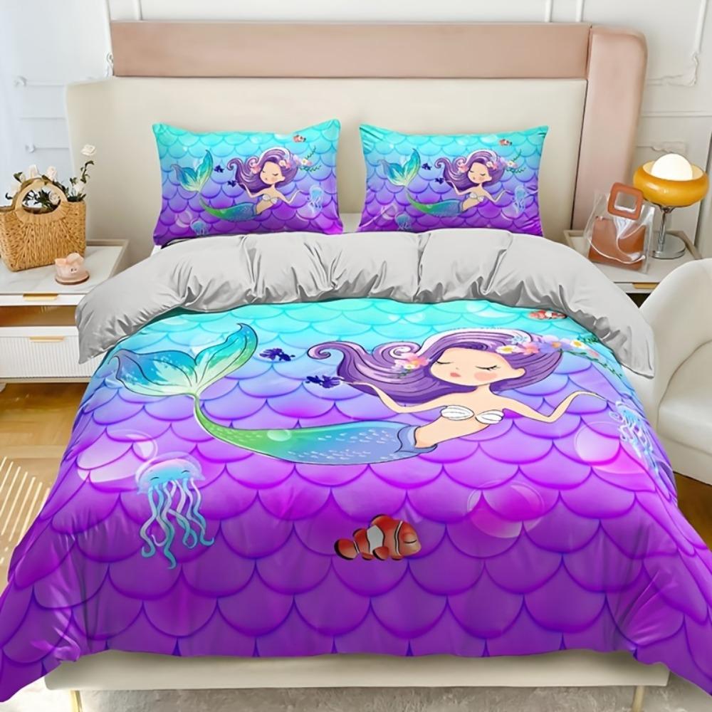 3dílná modro-fialová sada povlečení Dreamy Mermaid s 3D potiskem, útulný povlak na přikrývku, velikost King, Queen, Single, dárek k narozeninám pro dívku, dekorace do ložnice