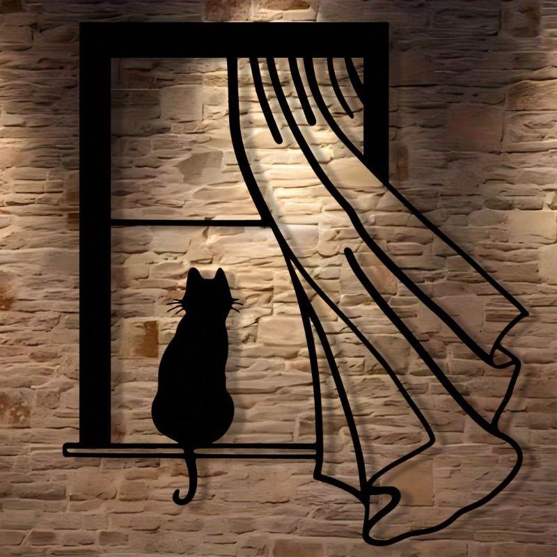 Black Cat Window Metal Painting for Living Room Bedroom Office