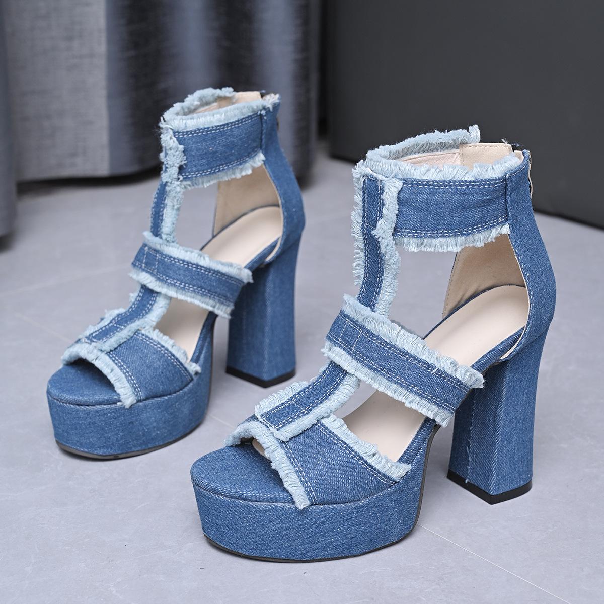 

Summer Women s Cool Boots Thick Heel High Heeled Sandals Classics Denim Hollow Out Cool Boot Luxury Platform Women Shoes 35