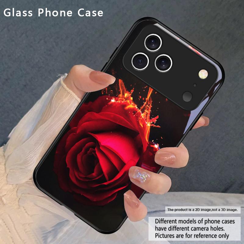 

Brilliant Flame Rose For iPhone 17 Pro Max 16 E 15 Plus 14 Pro 13 12mini 11 Air XS Max 5 6 7 8Plus SE Black Glass Phone Case iPhone17 Pro Max