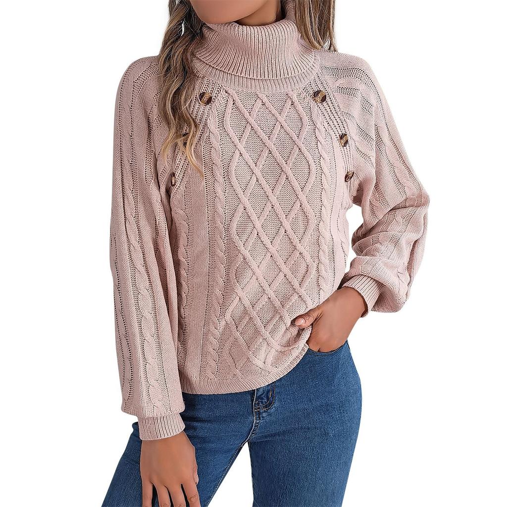 Women's Fashion Casual Loose Button Turtleneck Solid Color Long Sleeve Sweater Pullover Top