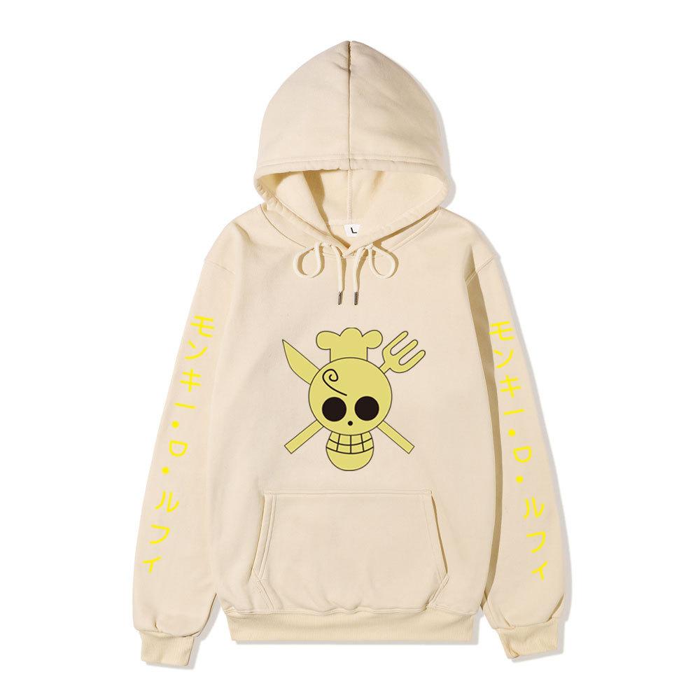 One Piece Sanji Hoodie, Chef Pirate Skull Logo Japanese Letter Sleeve Print Pullover Sweatshirt Unisex Streetwear