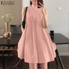 ZANZEA Women Casual Stand Collar Summer Loose Sleeveless Tank Dress