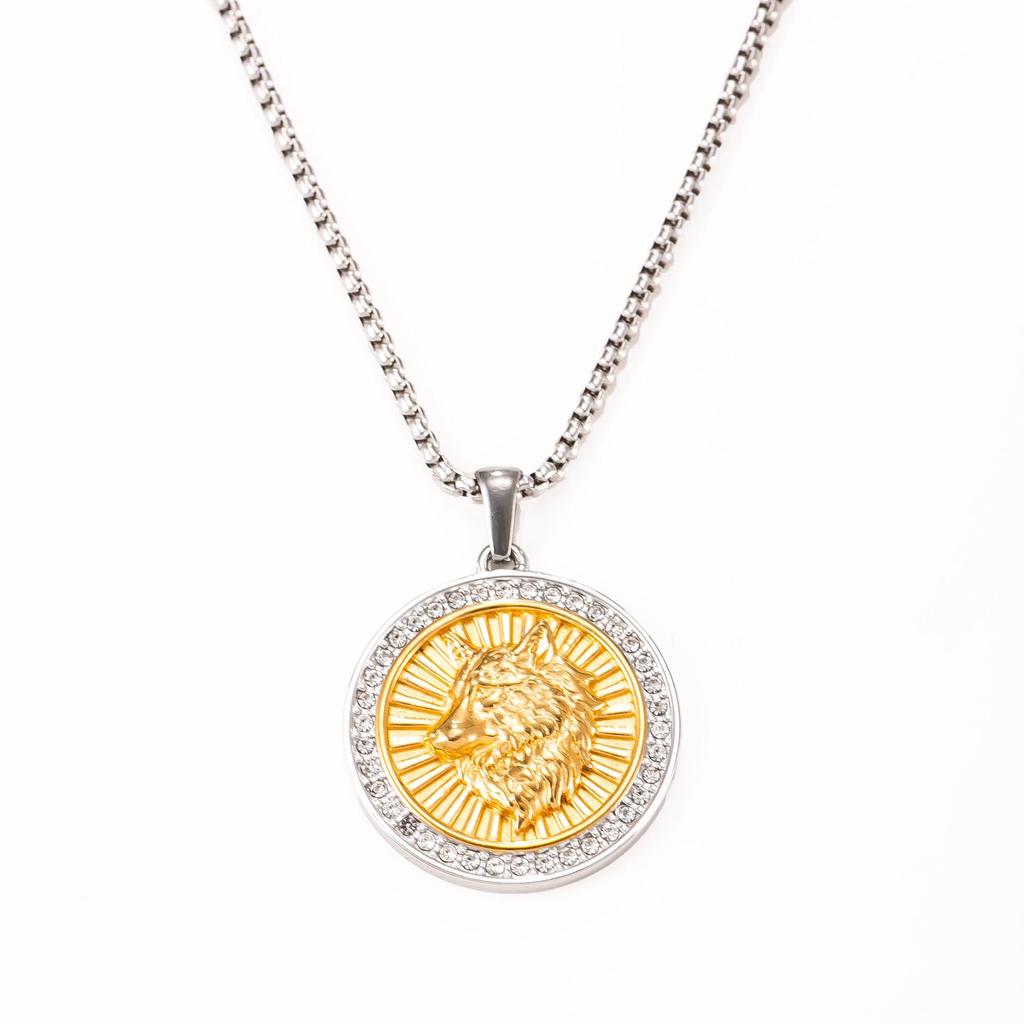 European & American Stainless Steel Necklace with Gold Inlaid Diamond Lion Wolf Pendant - Hip Hop Titanium Jewelry Set