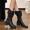Modne Retro Długie Buty Rycerskie Damskie Buty Jesienne Modne Grube Średnie Obcasy Modne Złożone Guziki do Kolan Motocyklowe Bota Femininos