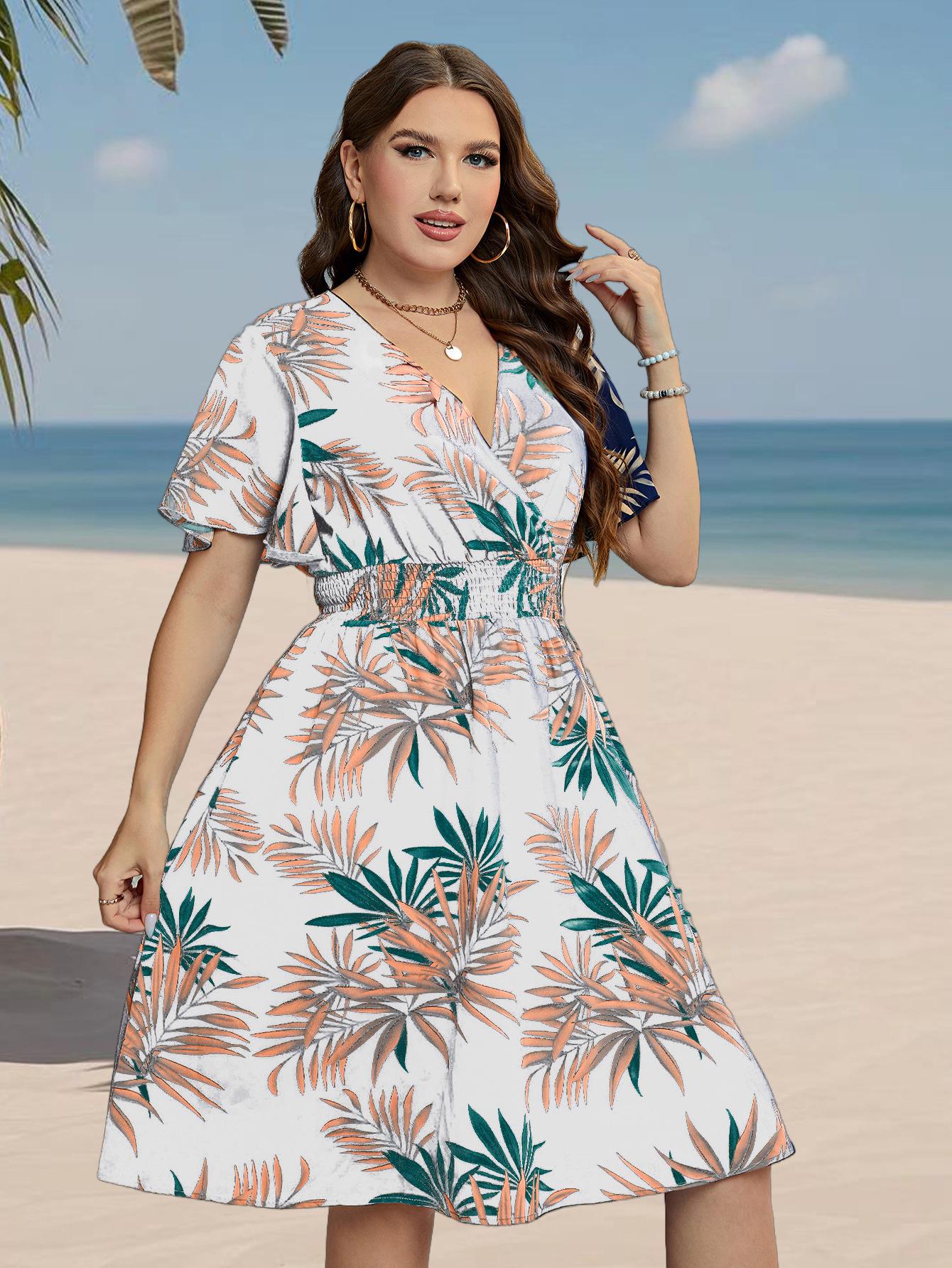 V-Neck Smocked Waist Slimming Summer Dress for Women 2XL белый