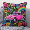 Double Sided Pink Car And Floral Design Throw Pillow Cover For Outdoor Camping Beach And Sofa Decoration