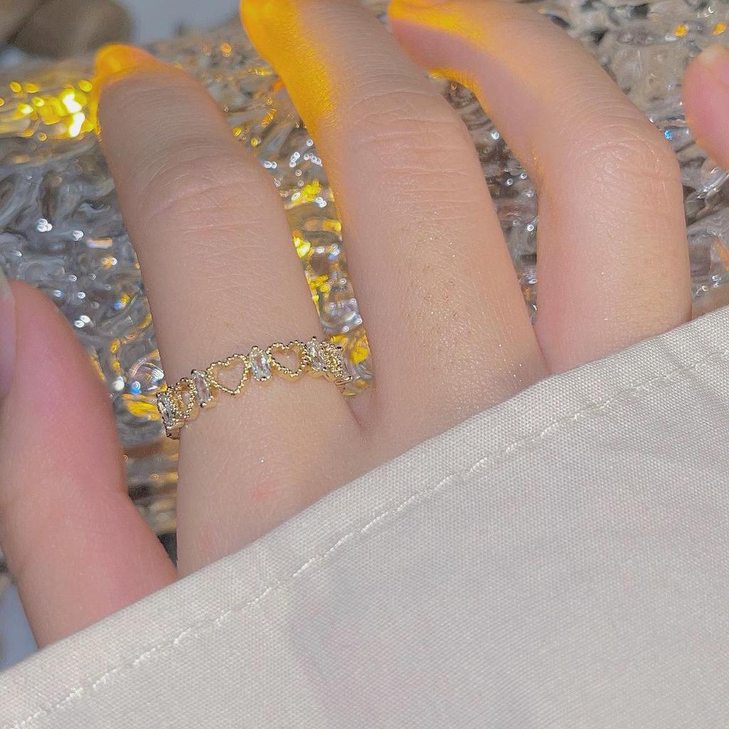 French Retro Design Heart & Square Diamond Open Ring, Gold-Plated s925 Sterling Silver