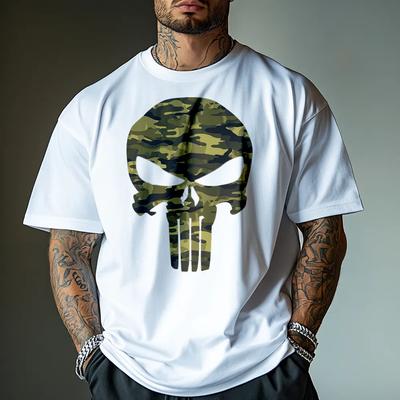 Skull Camouflage Cotton TShirt Casual Sporty Men Fitness Muscle Fit White - Men's Summer Cotton Graphic Tee