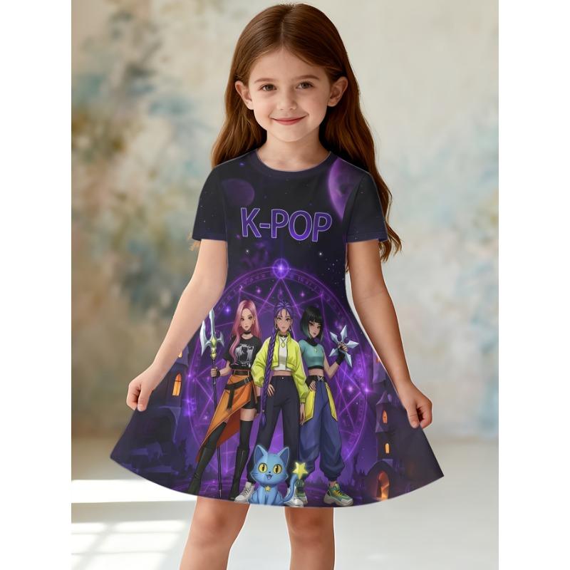 Girls Summer Clothes Kpop Cartoon Graphic Print Dress for Girls Funny Gift for Fan Harajuku O-Neck Short Sleeve Children's Dress
