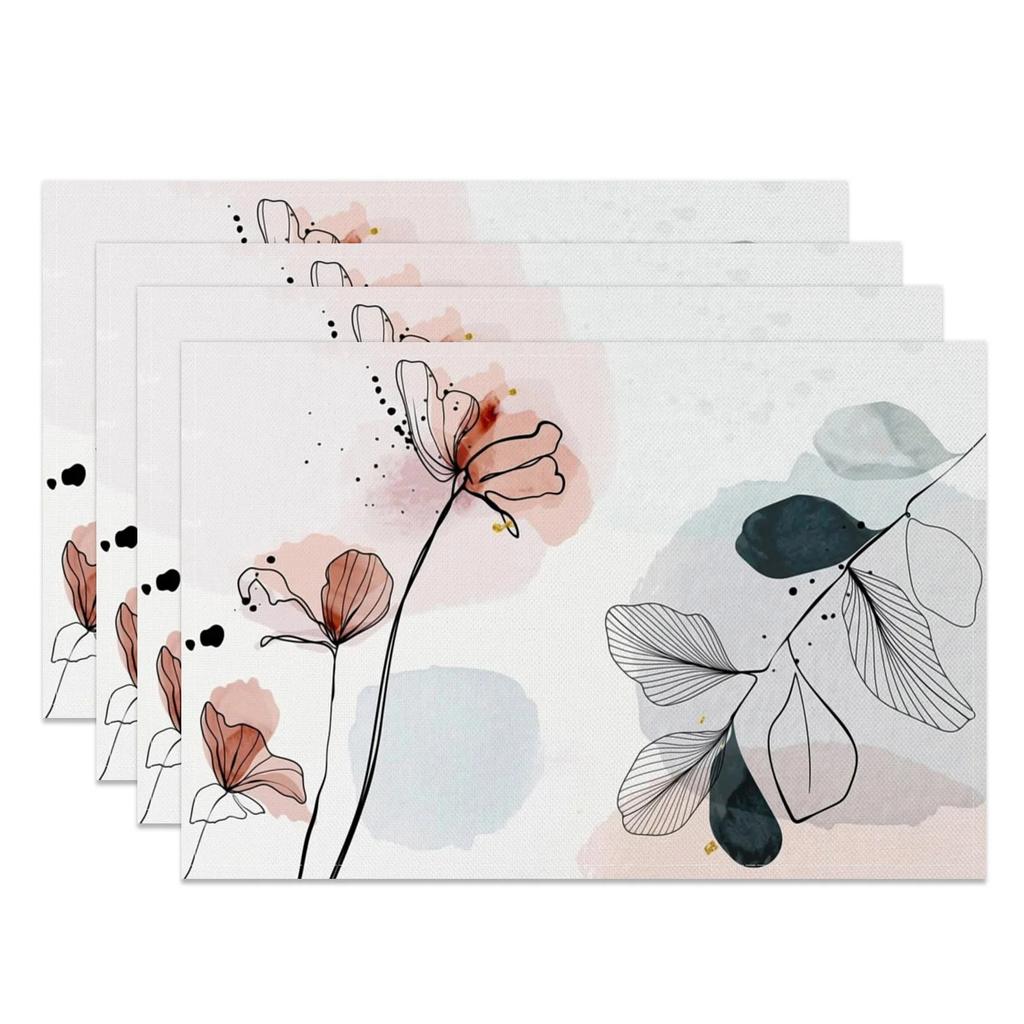Watercolor Floral Placemats Bohemian Hand Painted Style Soft Pastel Flower Artistic Table Mats for Dining Kitchen Decor Washable