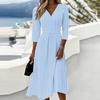 Women's Casual Striped V Neck Dress with Three Quarter Sleeves Back Zipper Midi Length Comfortable Fit