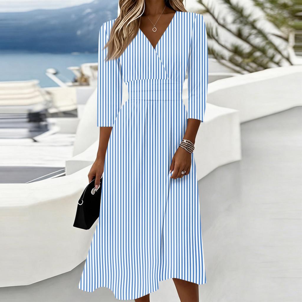 Women's Casual Striped V Neck Dress with Three Quarter Sleeves Back Zipper Midi Length Comfortable Fit