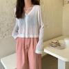 Women Summer Thin Knitted Shirt Top Cardigan V-Neck Full Sleeve Single-breasted Sunscreen Loose Solid Color
