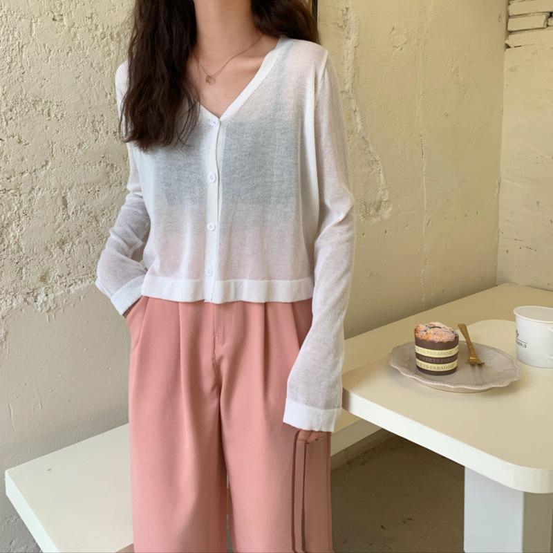 Women Summer Thin Knitted Shirt Top Cardigan V-Neck Full Sleeve Single-breasted Sunscreen Loose Solid Color