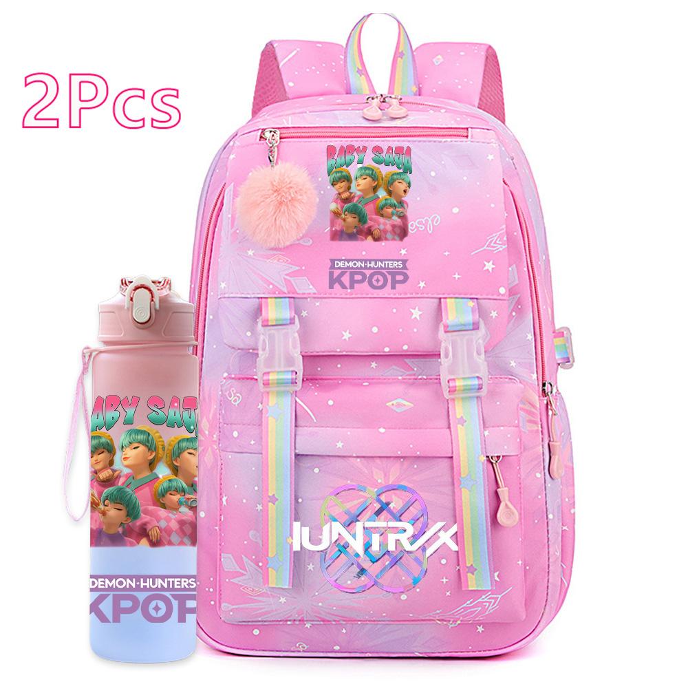 2Pcs/set Cartoon Kpop Printed Backpack with 750Ml Water Bottler for Teenager Girl Boy Bookbag Kid Gift Large Capacity Travel Bag Mochila