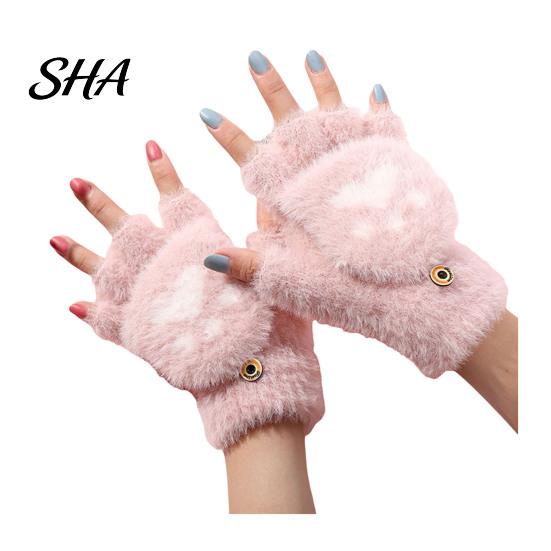 Cute Bear Paw Thermal Mittens Furry Cat Gloves, Flip Top Mitten with Button for Women, Winter Fluffy Plush Accessories Half Finger Gloves Print