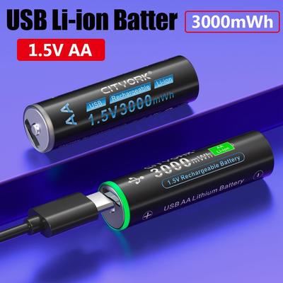 Cityork 3000mWh 1.5V Li-ion AA Rechargeable Battery AA Lithium Battery AA 2A Cell Micro USB Charging for Remote Control Mouse