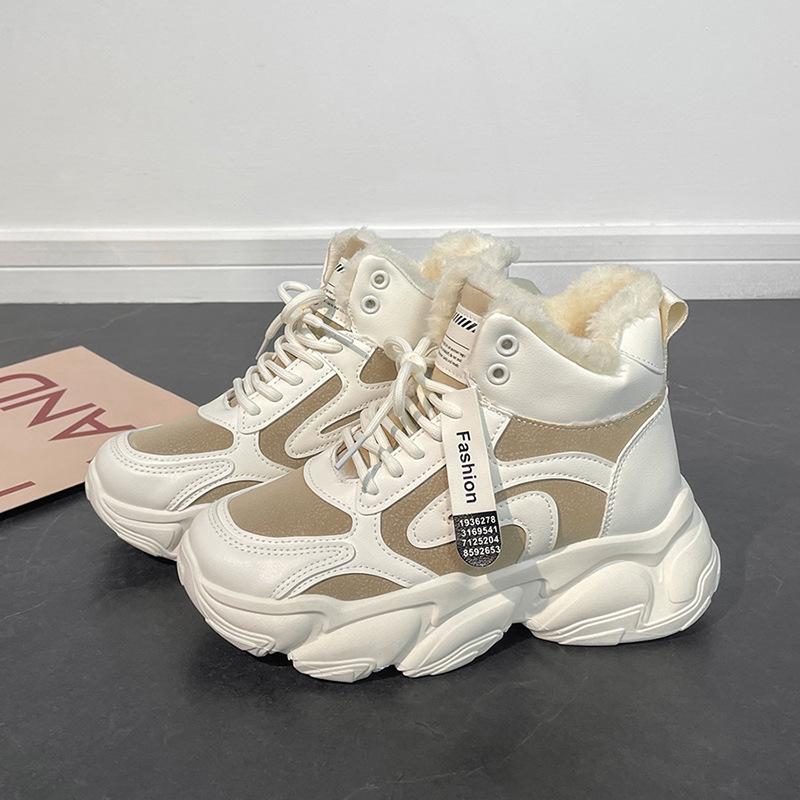 

Осенние женские высокие плюшевые кроссовки, повседневная обувь на шнуровке, спортивная вулканизированная женская обувь 38 бежевый