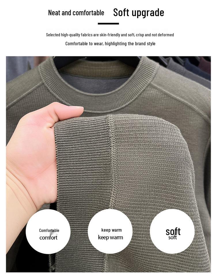 Men's High-Quality Casual Crew Neck Merino Wool Fleece Sweater - Warm, Thickened, Knitted Base Shirt