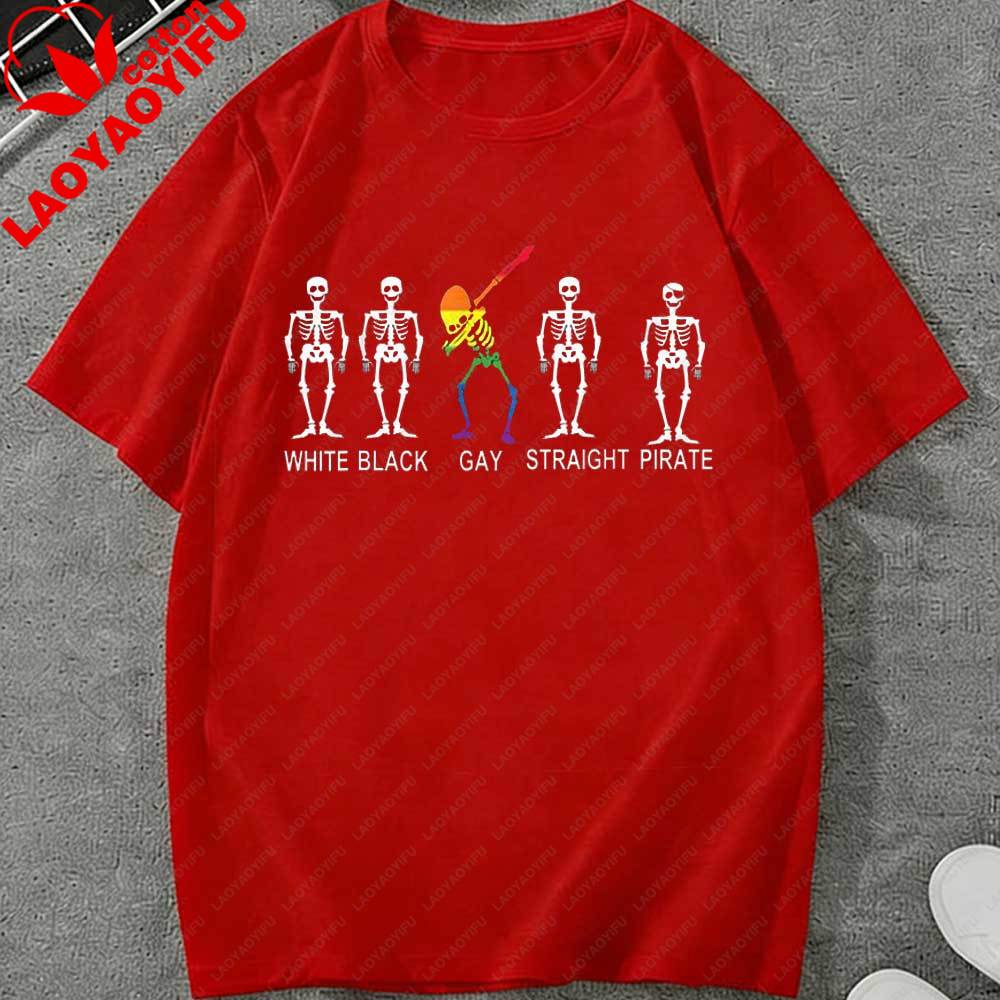 LGBT Funny Skeleton Pirate T Shirt Unisex White Short Sleeve Casual Graphic Tee Summer Streetwear Tops Harajuku Graphic T Shirts