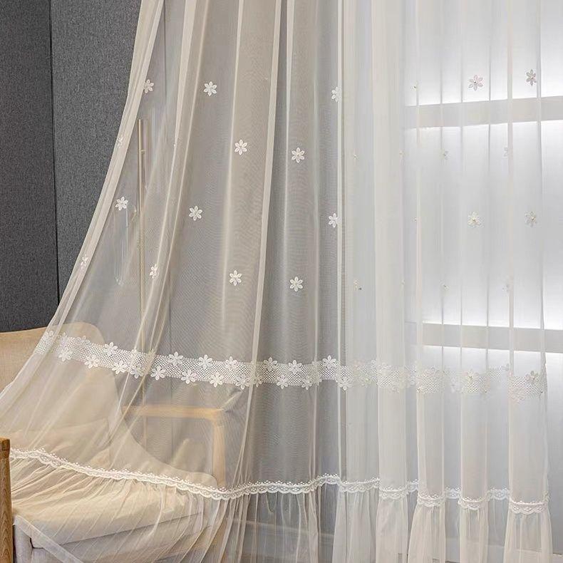 1pc Embroidery Curtain, Pastoral Style Flower Embroidery Rod Pocket Translucent Window Sheer Curtain for Living Room Bedroom Home Decoration