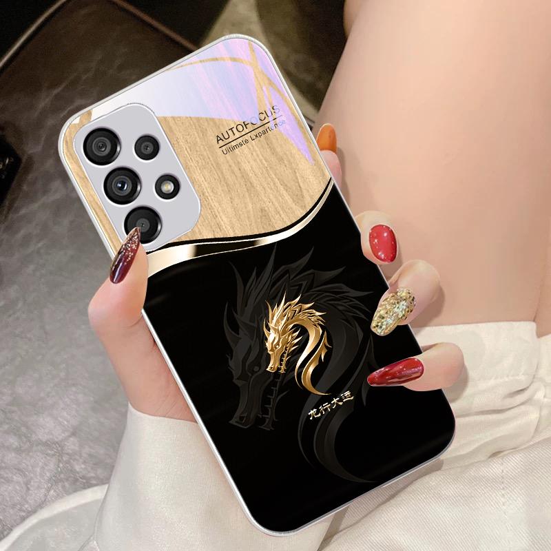 Wood Grain Dragon For Samsung Galaxy S10 4G S20 11E 30 S21 21Fe 22 S24 Pro S23 Ultra 5G S8 S9 Tempered Glass Phone Case