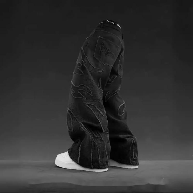 Mens Loose Fit Straight Leg Denim Jeans With Gradient 3D Print Washed Vintage Style Streetwear