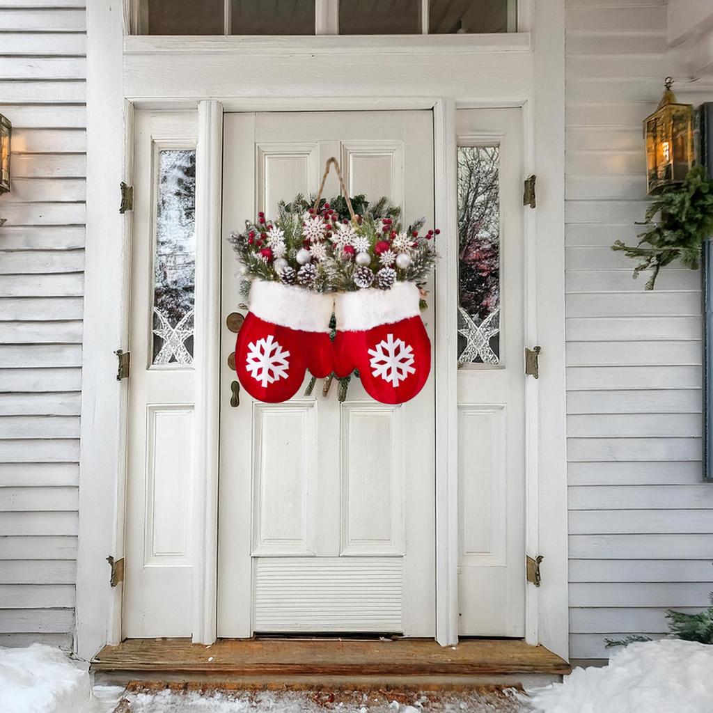 LED Christmas Mitten Wreath With Realistic Pine Cones Red Berries Indoor Outdoor Holiday Decoration For Door Mantle