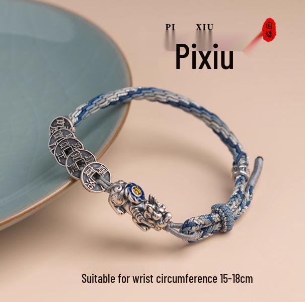 

Sterling Silver Pixiu Koi Bracelet with Five Emperor Coins for Men and Women - Woven Lucky Rope, Small Gift