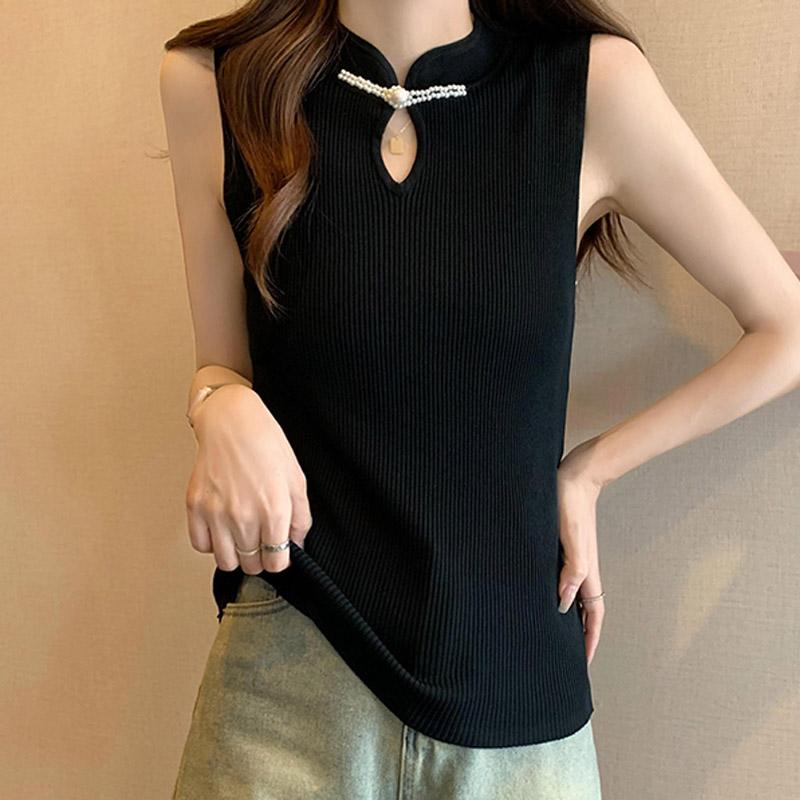 

Белые майки женские летние 2025 года без рукавов с воротником-стойкой черные узкие трикотажные майки женские топы JJ250 One Size чёрный