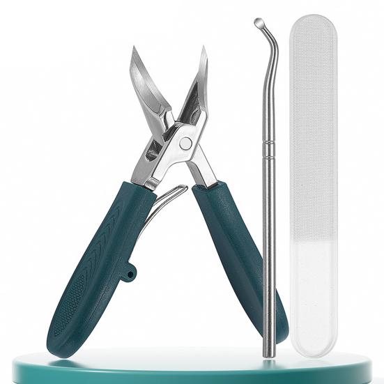 Stainless Steel Nail Clipper Curved Blade Toenail Clippers for Thick Nails 3-Piece Kit with Glass File & Case Ergonomic Non-Slip Grip Nail Clippers