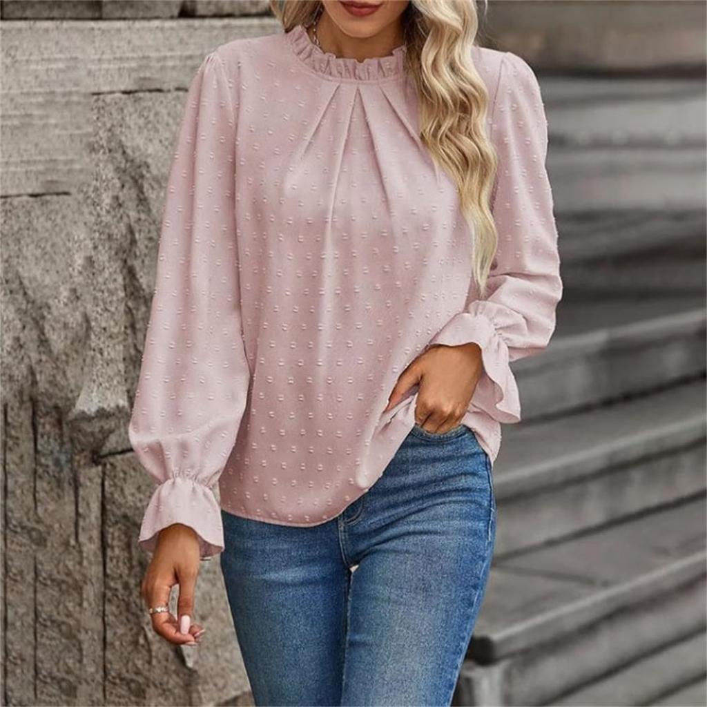 Women's Fashion Casual Dot Pleated Round Neck Ruffled Long Sleeve Solid Color Top