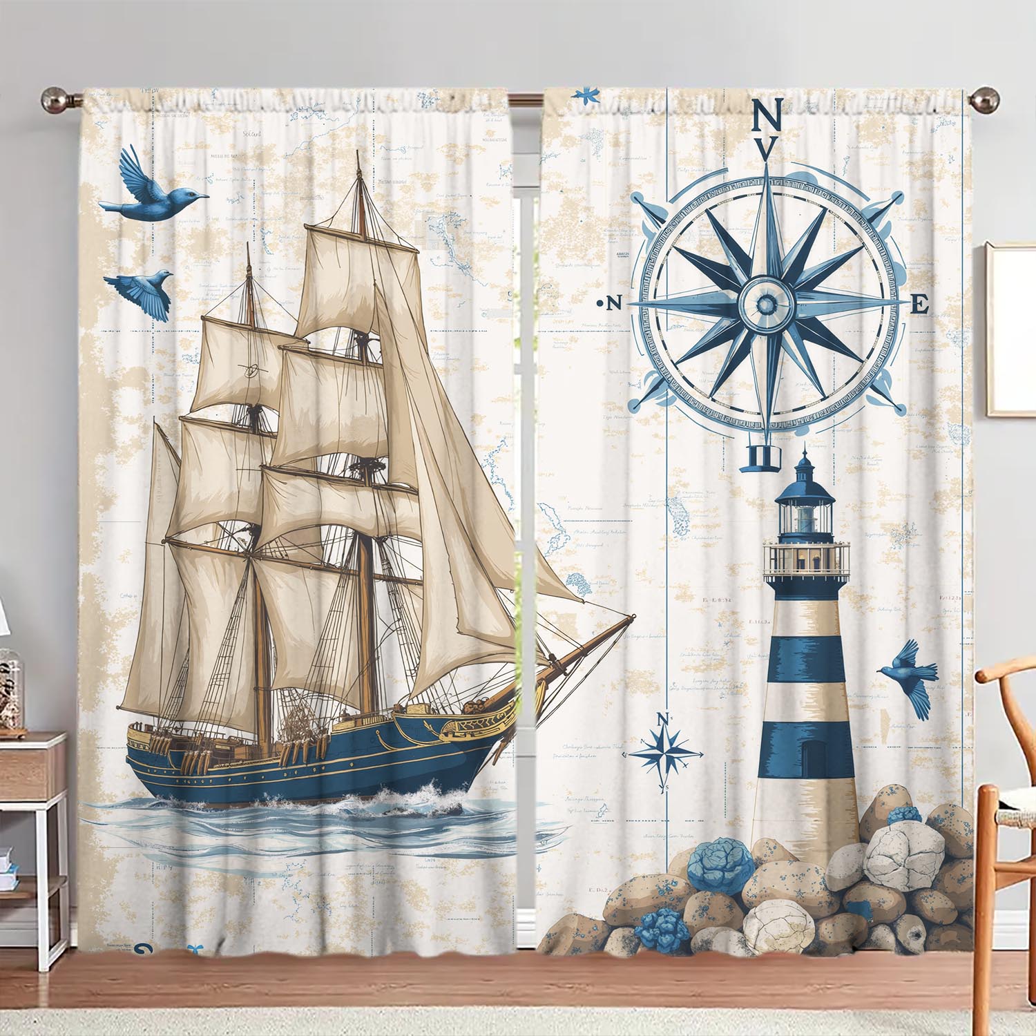 

Panels Illustration Mediterranean Sailing Curtains Shade Privacy Protection Suitable Decorating Various Rooms Curtain Polyester W100*H70(CM)-Grommet top&2PCS