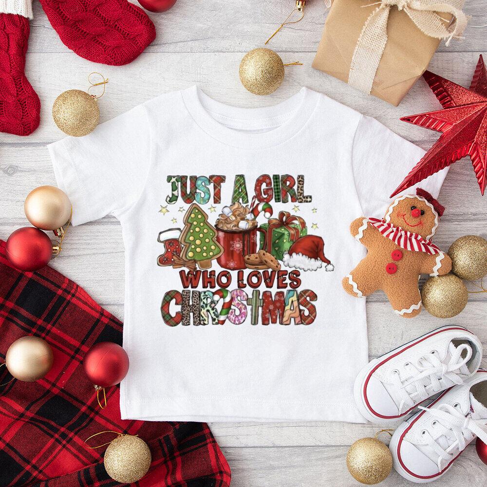 Just A Girl Who Loves Christmas Printed Kids Shirts Child Christmas Party T-shirt Top Xmas Vibes Outfit Child Short Sleeve Tee
