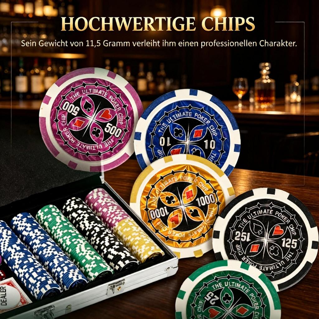 Poker Case Complete Set with 500 Chips, 5 Dice, 2 Card Decks, 3 Buttons and 1 Felt Mat (only with poker chip set)