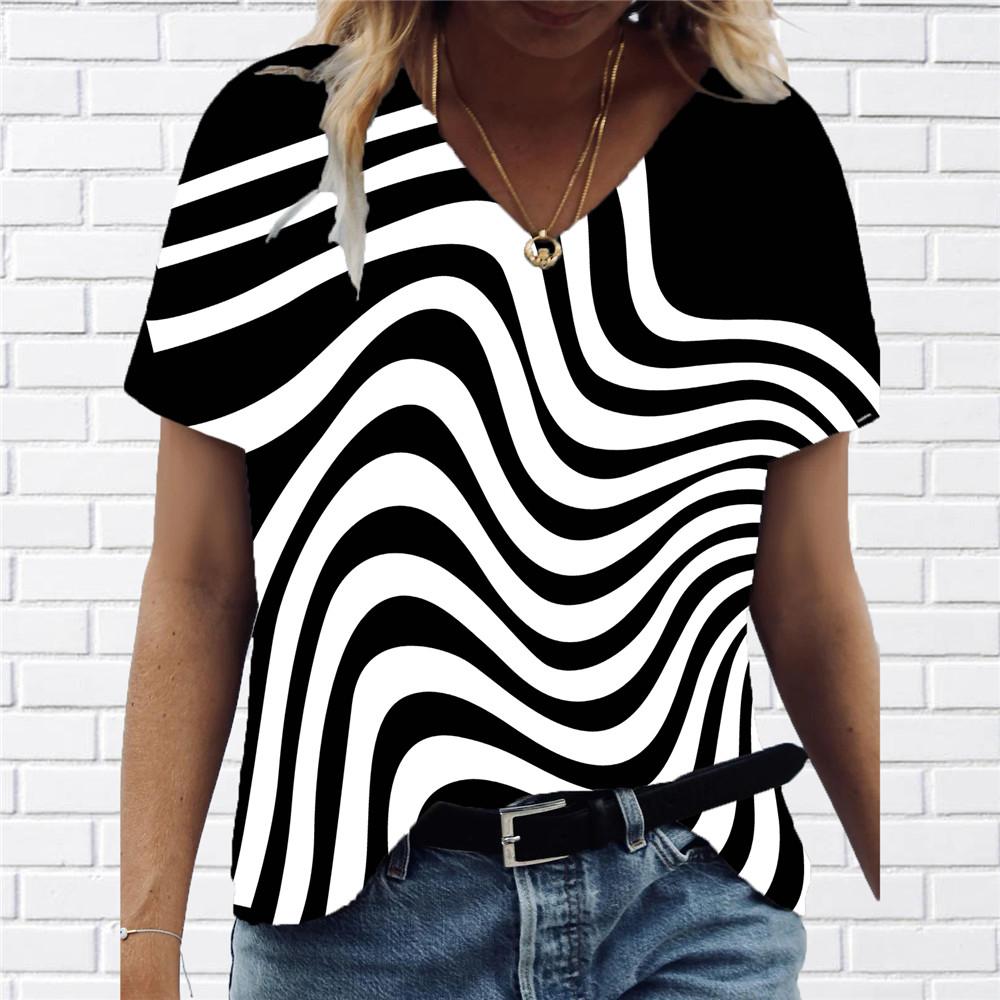 

Модная женская одежда, футболка с 3d-кривым принтом, повседневная футболка с v-образным вырезом, новая абстрактная женская футболка, большие уличные топы с короткими рукавами 5XL