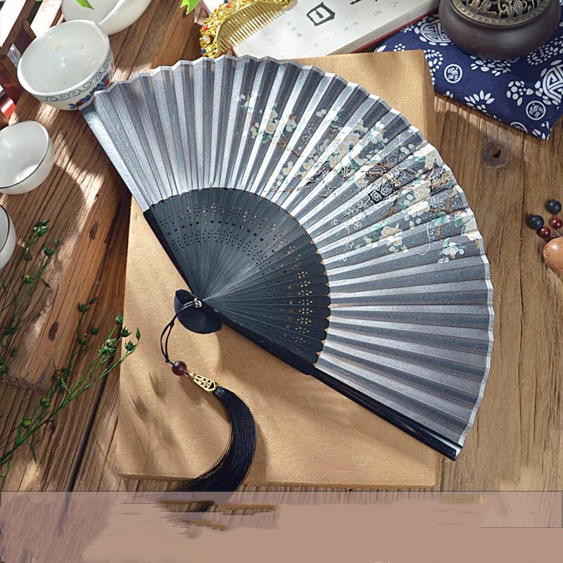 Ancient Chinese Style Small Dance Fan Summer Portable Hanfu Cheongsam Hand Held Fan Green Bamboo Ribs Single-Sided Folding Fan