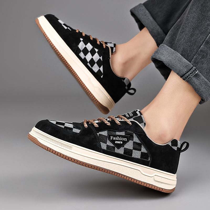 Men’s Black Green Checked Sports Shoes Casual Skateboard Shoes Students Walking Running Sneakers Shoes Over Sized 46 47 48