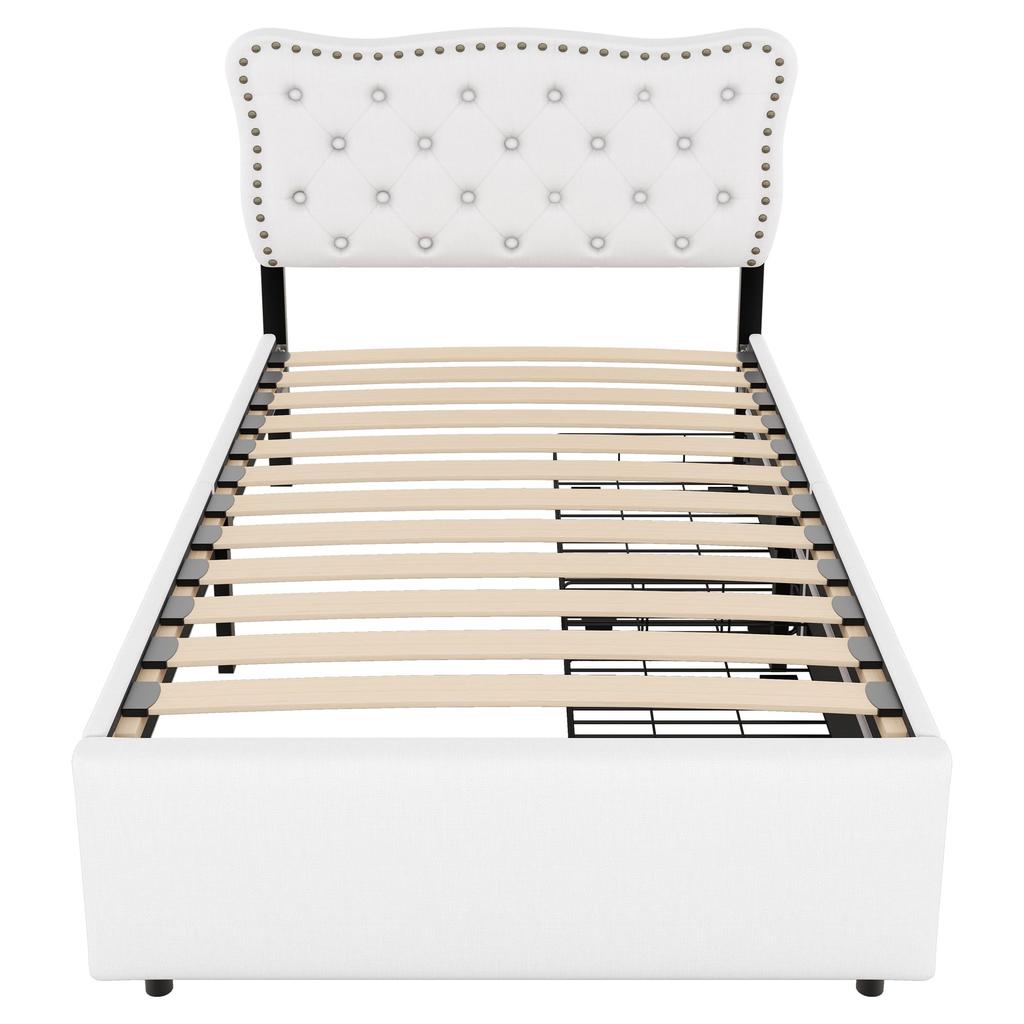 Polsterbett Kinderbett 90x200cm, mit Nachttischpolsterung und Lattenrost, mit dekorativen Nieten, doppelte Schubladen, Leinen Ohne Matratz