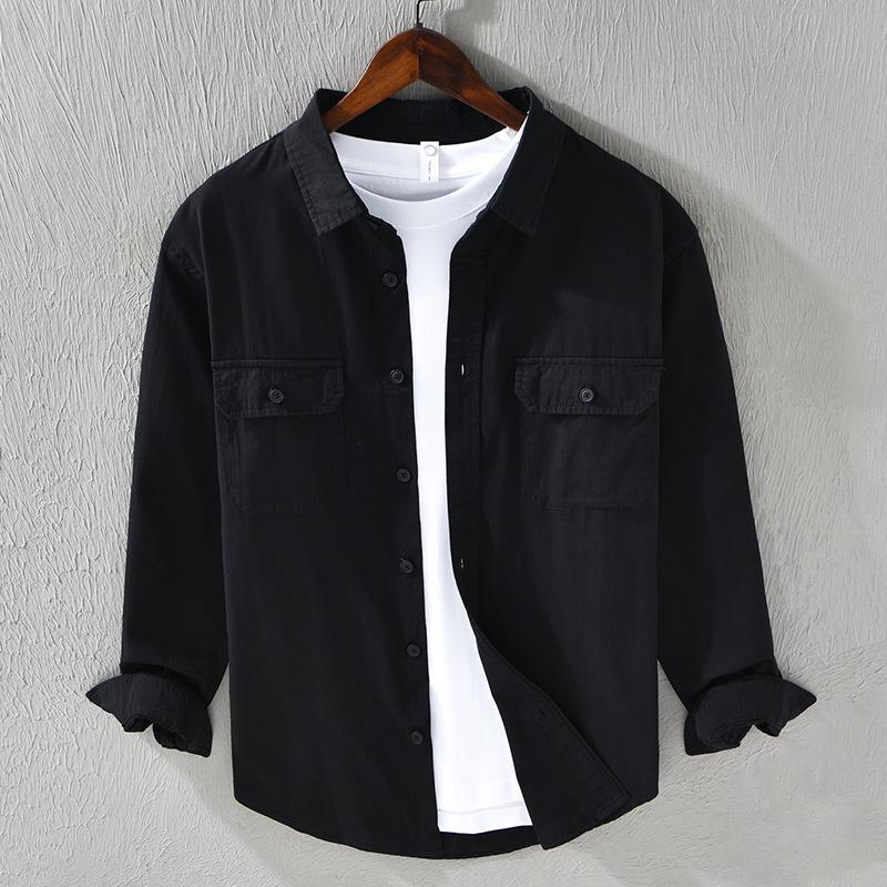 Japanese Simple Cotton Casual Shirt Men Long Sleeve Loose Double Pocket Cargo Shirt Spring Coat