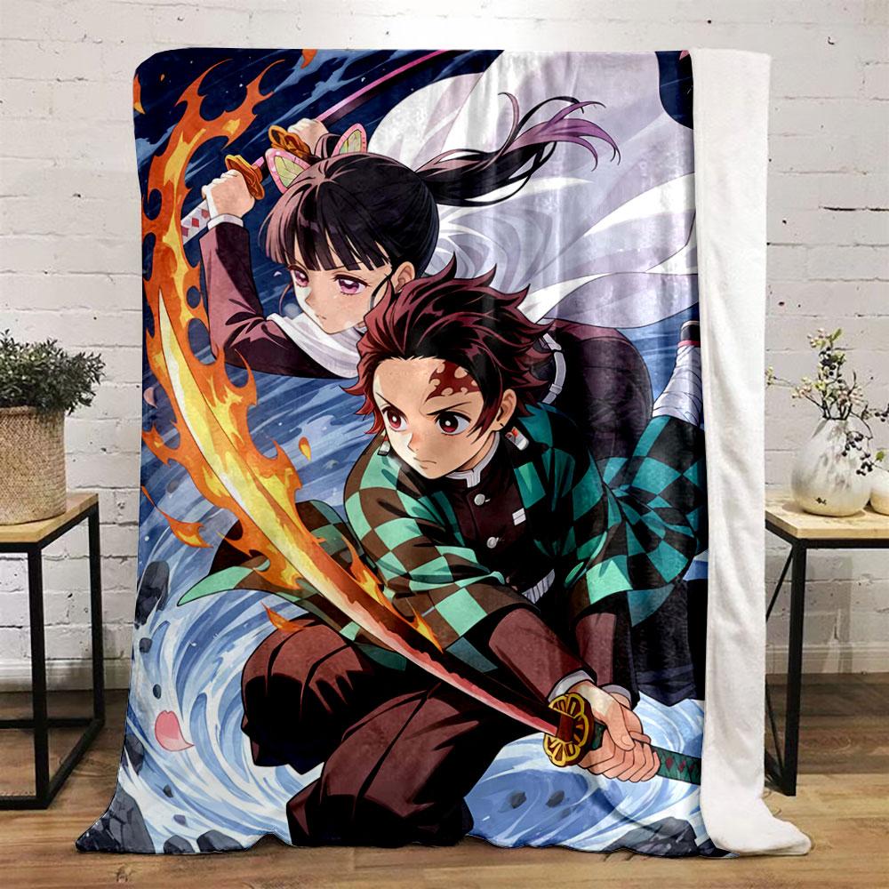 Two characters wield swords amid swirling water and fire effects. for all seasons blanket lunch break throw gift