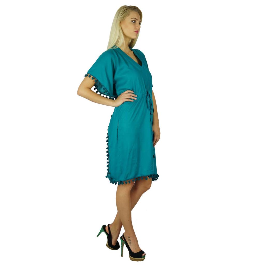 Bimba Women Cotton Kaftan With Pom Pom Tassels Short Caftan Beach Coverup