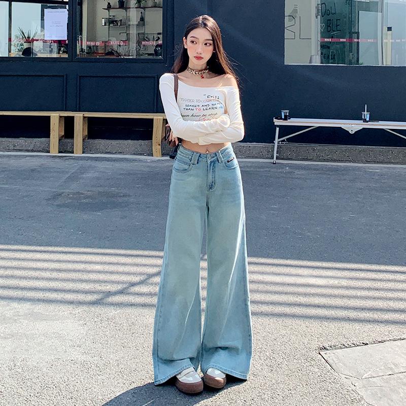 

Джинсы из лиоцелла Tencel с высокой посадкой, широкими штанинами, светло-голубого цвета, длиной до пола (Маленький приталенный крой) XL